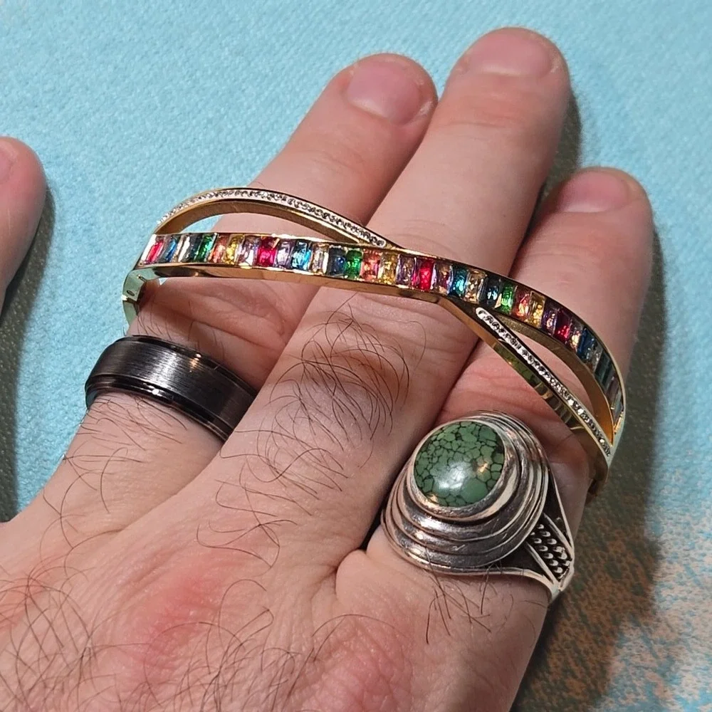 Costume Bracelet Rainbow CZ Gold Tone Y2K Bangle Color Stones Alt Snap Bracelet